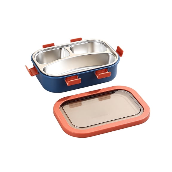 Stainless Steel Bento Box 3 Compartment 850ml, Blue & Orange Portable Lunch Container with Leak-Proof Lid, Reusable Food Storage for Work Travel