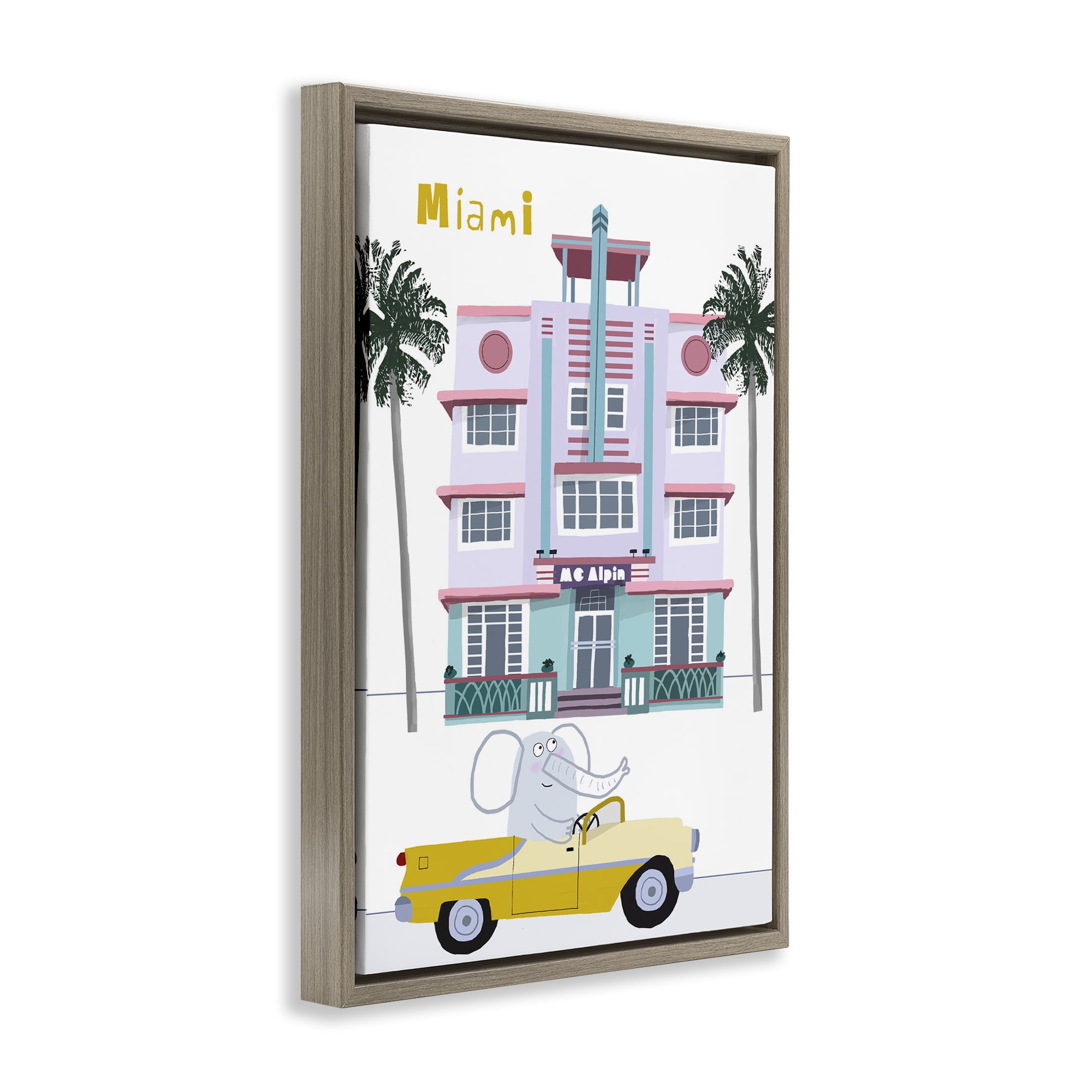 Elephant & Miami Hotel Brown Framed Floater Canvas Wall Art, design by Carla Daly