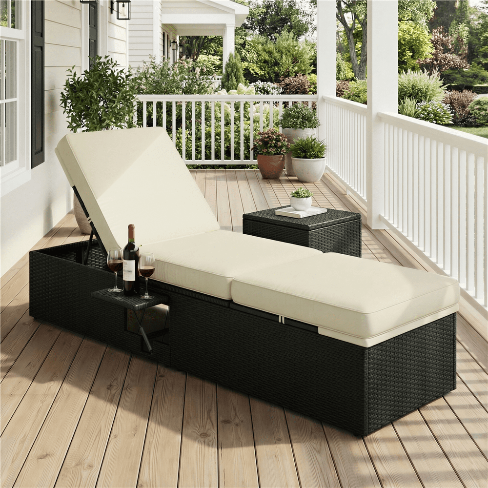 Renwick Patio Reclining Chaise Lounge with Adjustable Backrest, Black/Beige