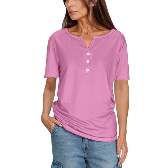 Tumotour Summer Tops For Women Short Sleeve Tops Button Solid Color V-Neck Collared Tops Summer Business Casual Work Shirts 2025