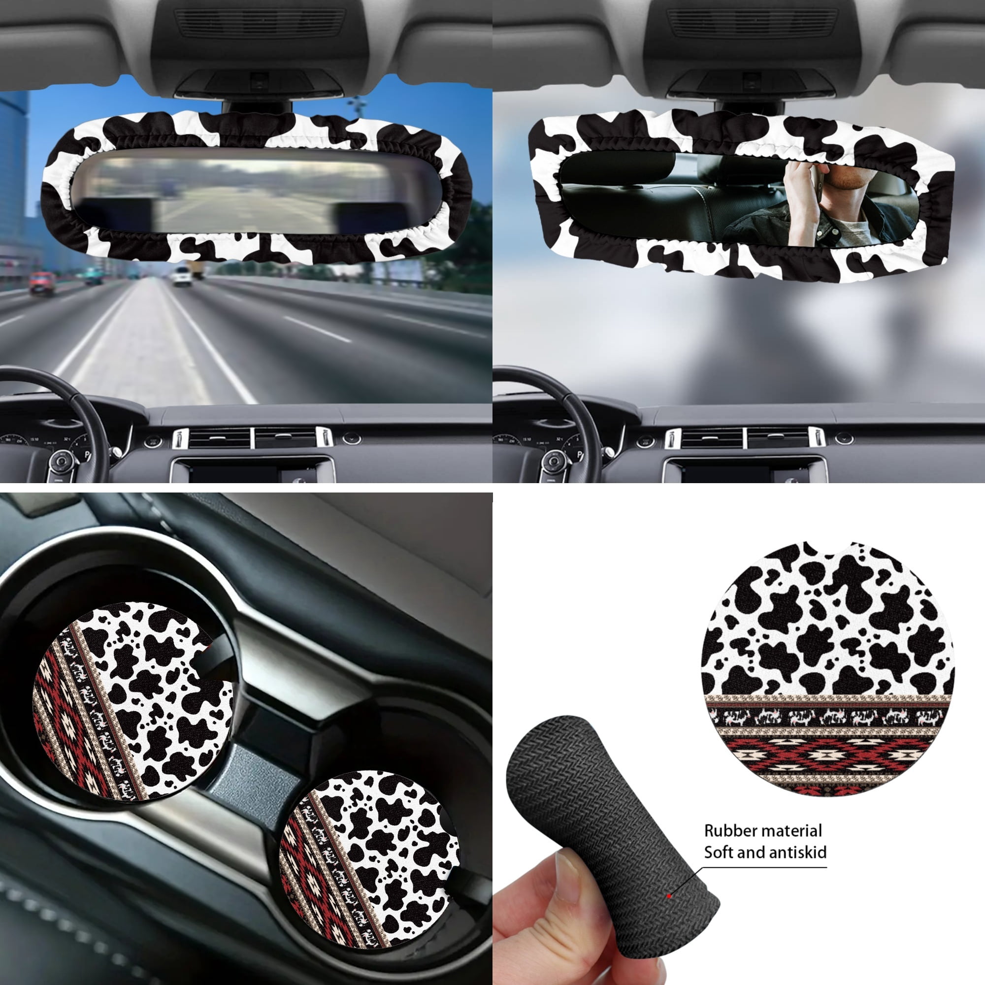 Yuyamidu Red Aztec Car Seat Covers Full Set with Steering Wheel Cover Safe Belt Pads Handbrake Cover Cup Mat Garbage Bin Rearview Mirror Cover Center Console Cover 14 PCS Cow Print Auto Accessories