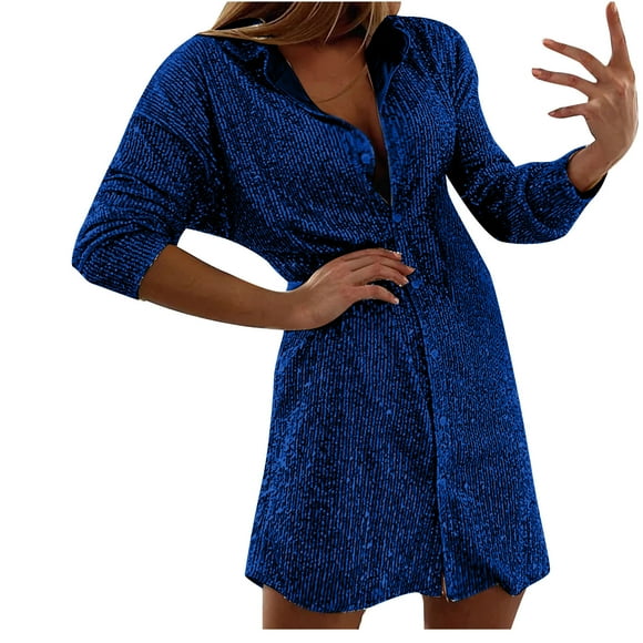 Women's Mini Loose Shirt Dress Solid Sequins Shiny Spring Clearance Long Sleeve Lapel Button Elegant Casual Trendy Blue S