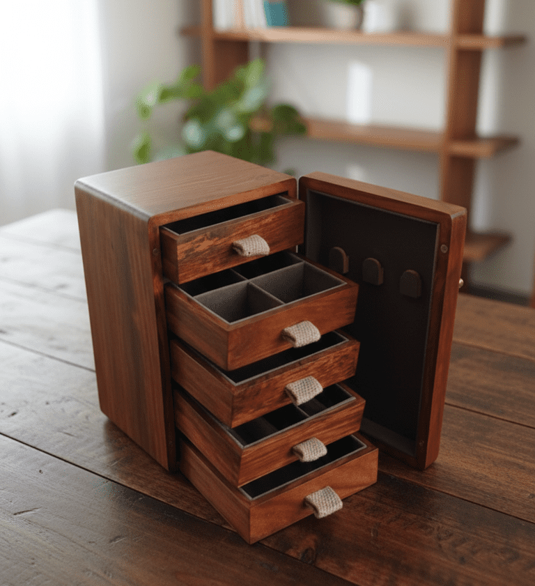 Handcrafted Wooden Jewelry Organizer Box with Drawers & Door – Multi-Layer Storage Case for Rings, Necklaces, Earrings – Vintage Solid Wood Vanity Organizer