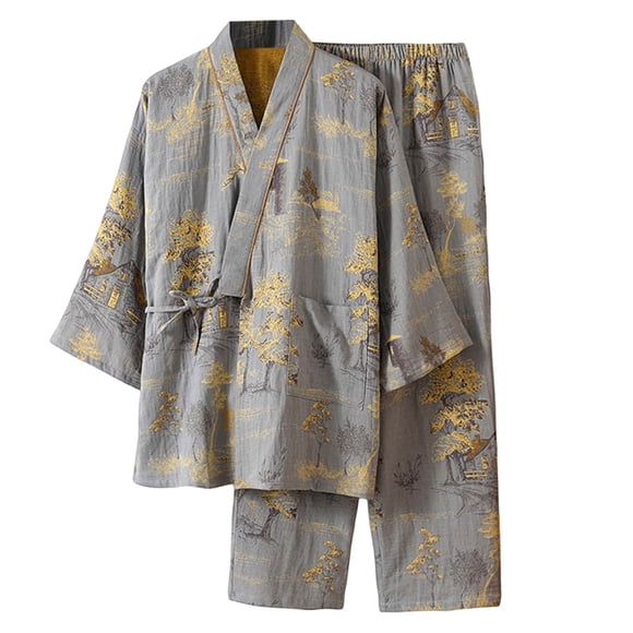 Men's Spring Japanese Kimono Pajamas Hanboki Loungewear Jacquard Loose Tie Home Set