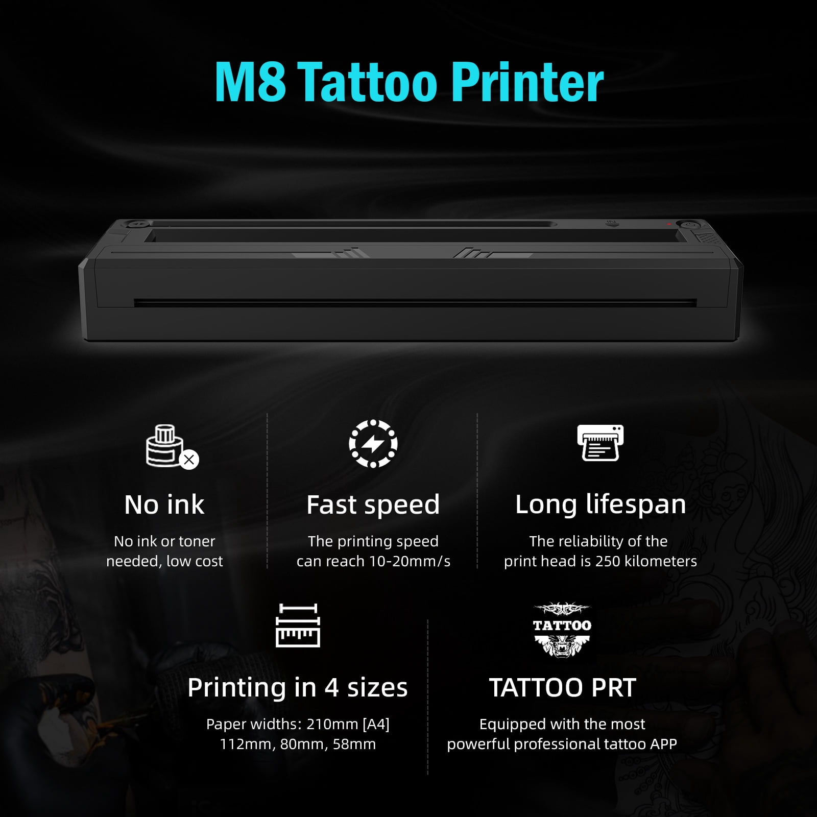 Wireless Tattoo Stencil Printer 2 in 1 Thermal Tattoo Transfer Printer with Patented Limit Device, Compatible with Android iOS Windows, Bluetooth 5.0/4.2 + USB, 203DPI, 50KM Printhead Life