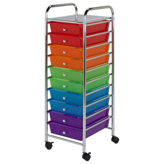 10-Drawer Rolling Cart, Multi-Color Storage Organizer on Wheels - Mobile Utility Cart for Home, Office, Classroom, Garage - Heavy Duty Plastic, Easy Assembly