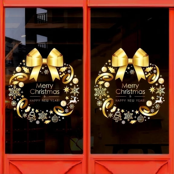 2Pcs XL Winter Golden Wreath Clings for News Years Whole Large Xmas Wreath Window Stickers Large DIY Static Wall Window Door Mural Showcase Decal Sticker-15.7x17 Inche
