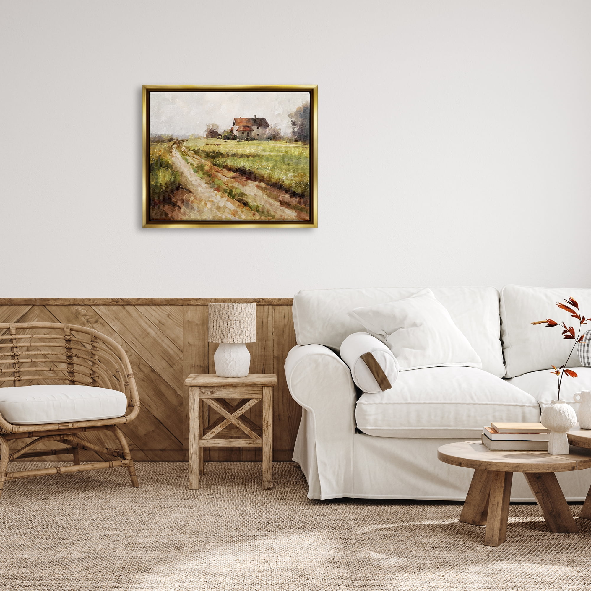 Stupell Industries Country Path to Barn Landscape Painting Gold Floater Framed Canvas Art Print Wall Art, 31 x 25