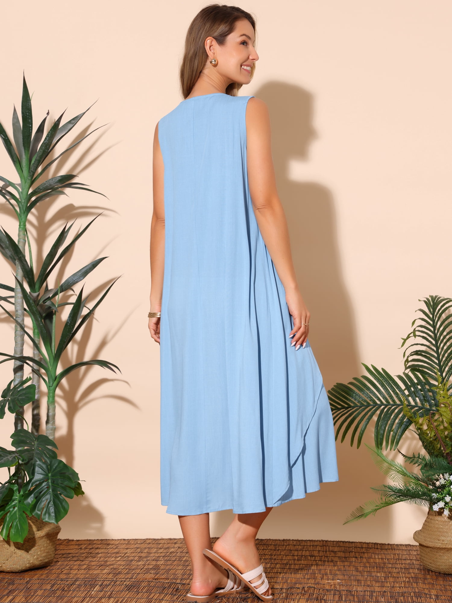 DARING DIVA Ruffle Sleeveless V Neck Pleated Flowy Maxi Dress S Blue