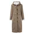 thumbnail image 2 of Women's Long Hooded Trench Coat, Plush Lined Suede Jacket, Horn Button Closure, Winter Coat with Pockets, Casual Fall Winter Outerwear Khaki S, 2 of 9