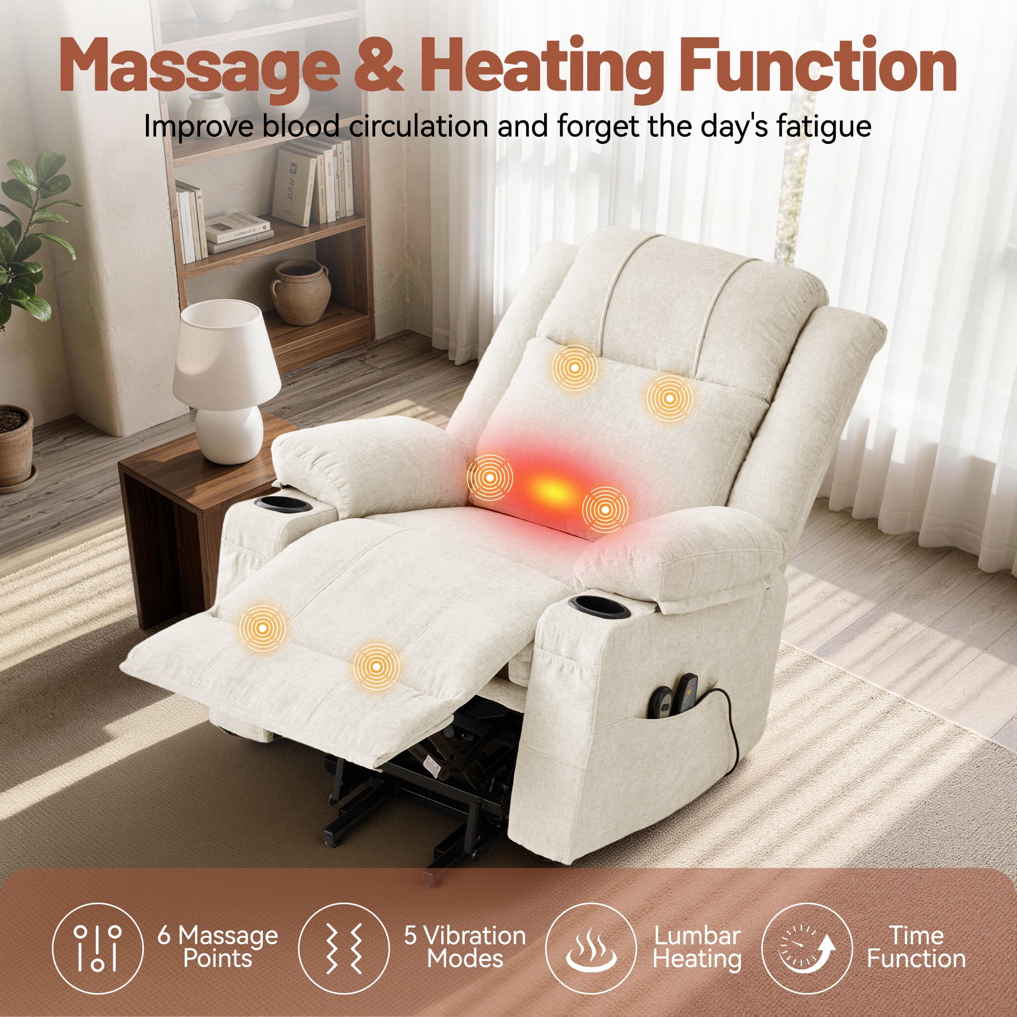 Korser Power Lift Recliner Chair for Elderly with Massage and Heat,Electric Lift Reclining Chair with Side Pockets and Cup Holders,Massage Recliner Chair for Living Room,Chenille,Beige