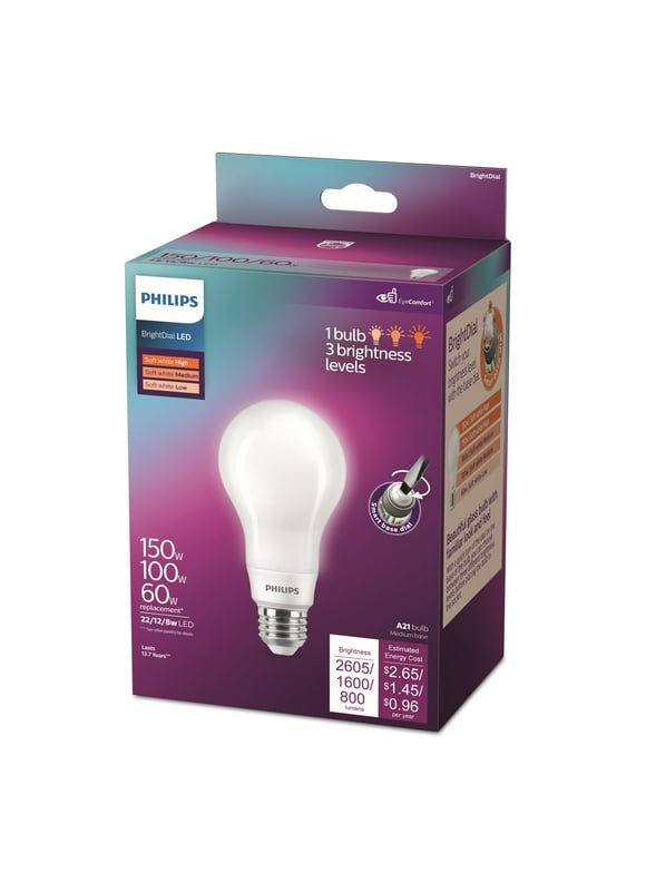 Philips LED 60-100-150-Watt A21 Soft White Light Bulb, Frosted BrightDial, Non-Dimmable, E26 Medium Base (1-Pack)