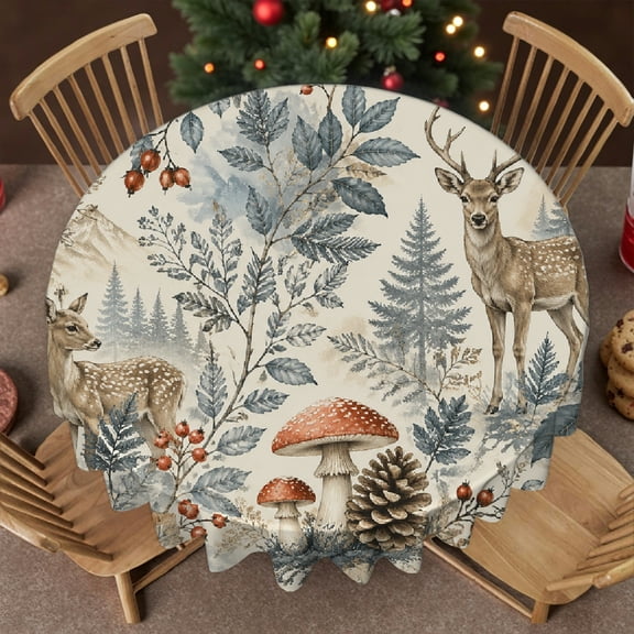 RKSupls 60 Inch    Round Tablecloth - Deer Mushroom Forest Pattern Print, Polyester Tablecloths Machine-Made  Polyester Table Cover