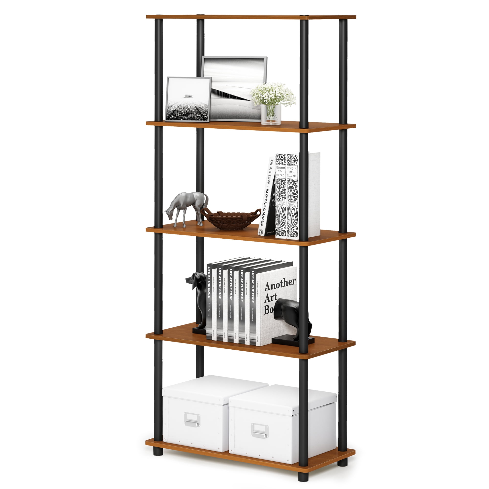 Furinno Rata 5-Tier Industrial Multipurpose Flat Base Shelf Display Rack with Metal Frame, Narrow, Americano