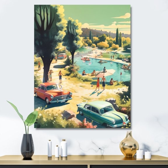 Designart "50'S Vintage Cars By The Beach II" Retro Car Wall Art Living Room