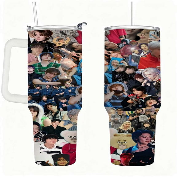 Trendy Pop Star Collage Stainless Steel Tumbler with Handle, Lid & Straw Reusable Travel Cup
