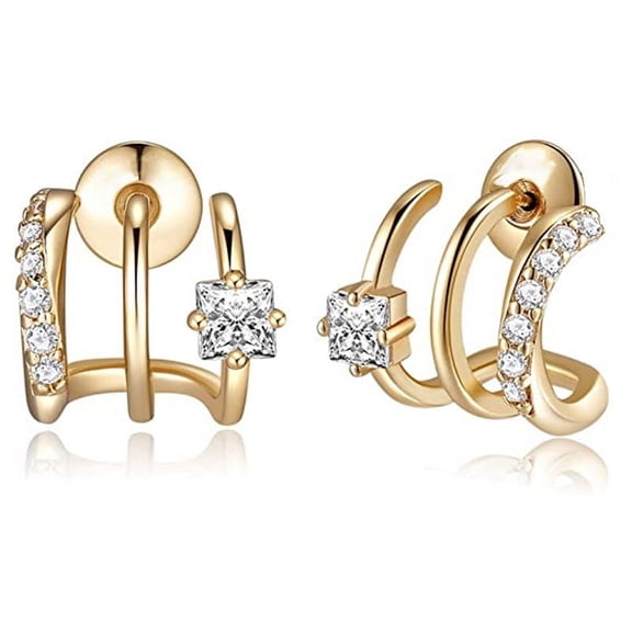 ICE 14K Gold Plated Triple Huggie Illusion Stud Earrings | Double Huggie Hoop Earrings for One Hole | Gold Hoop Earrings for Women