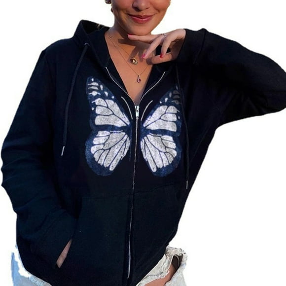 EGNMCR Womens Plaid Shacket Jacket, Long Sleeve Button Down Fleece Hooded Jackets, Warm Coat Women Fashion Gothic Dark Loose Butterfliy Print Full-Sleeve Hooded Coat Women Coat