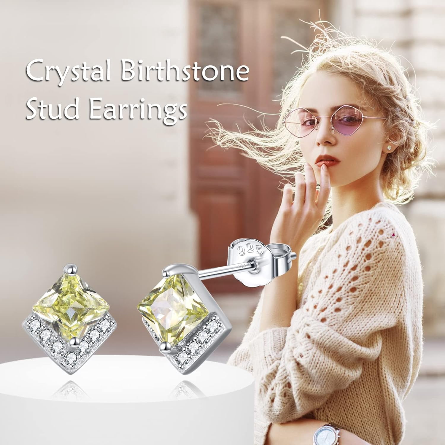 Birthstone Stud Earrings Sterling Silver Square Created Peridot Light Green Crystal August Earrings Cubic Zirconia Hypoallergenic Piercing Jewelry Small Gifts for Women Mothers