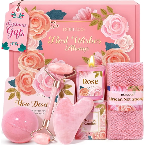 Gua Sha & Jade Roller Facial Tools Gifts Set - Self Care Spa & Bath Gift Baskets for Women, Christmas, White Elephant, Birthday, Valentines Day Gifts for Women, Her, Wife, Mom, Teen Girls