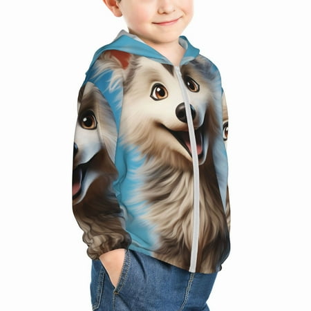 

Uemuo Blue Sky Cute Wolf Pattern Rash Guard for Boys Girls Long Sleeve Swim Shirts UPF 50+ UV Sun Protection Hooded Fishing Shirt with Pocket for Kid-5 Years