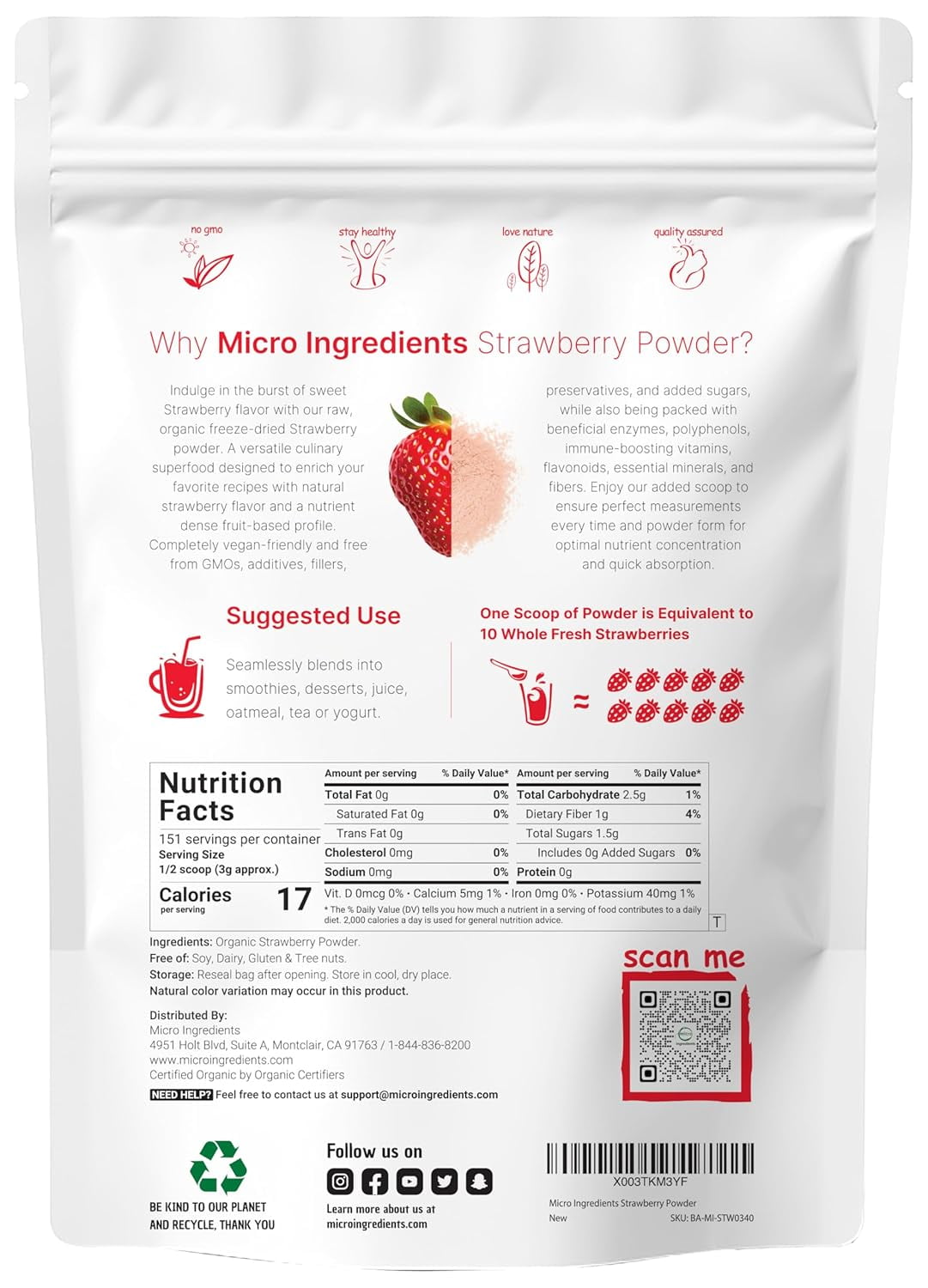 Micro Ingredients Organic Strawberry Powder, 16 Ounce | Freeze-Dried Source, No Sugar & Additives