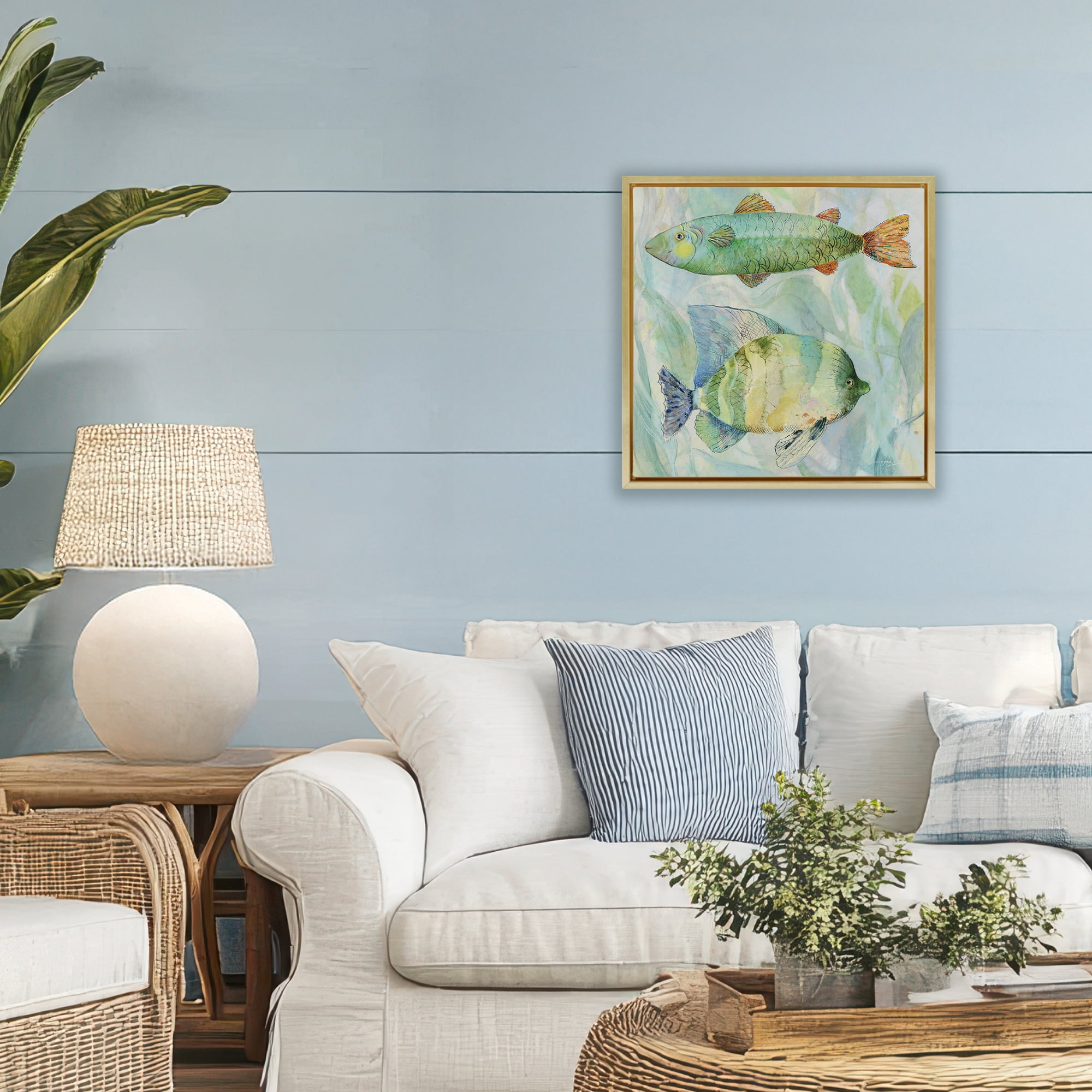 Stupell Industries Sweet Fish Duo Watercolor Gold Framed Floater Canvas Wall Art, design by Lorenzo Collective