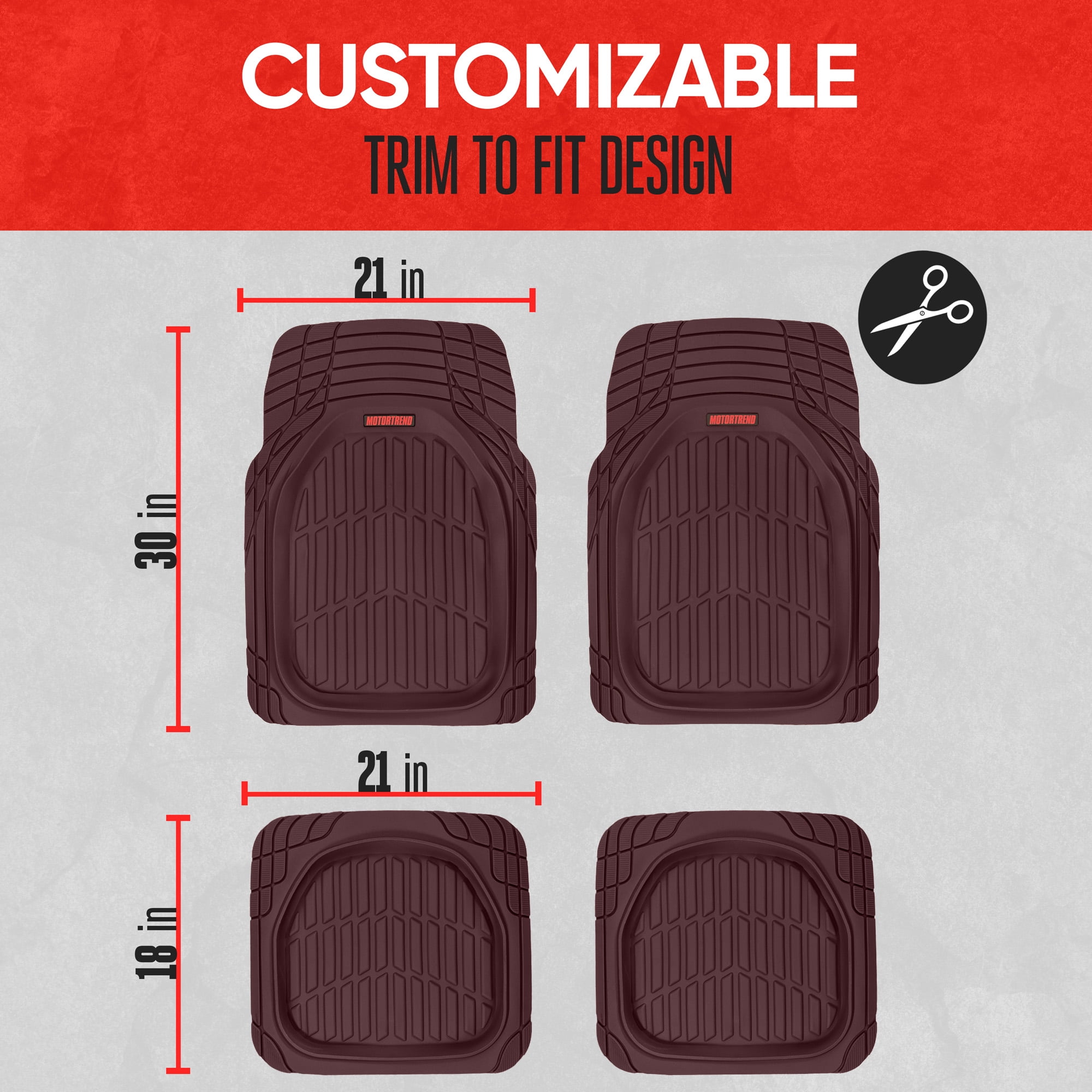 Motor Trend FlexTough Tortoise - Heavy Duty Rubber Floor Mats for Car SUV Van & Truck - All Weather Protection - Deep Dish (Burgundy)