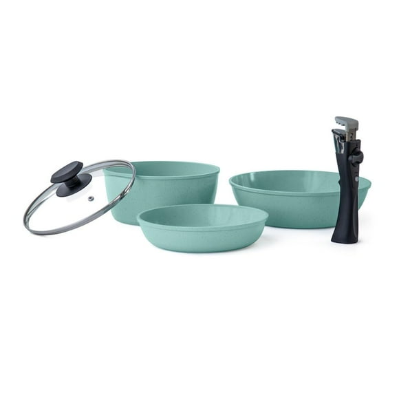 JADECOOK Bateria de Cocina JADE SMART 5 Piezas Ahorra Espacio con el Mango Removible Recubrimiento Antiadherente Sarten 20 cm Cacerola 20 cm Wok 24 cm Libre de Toxicos Set de Ollas para Cocina
