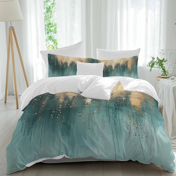 3 Piece Modern Turquoise Gold Duvet Cover Set Full Size, Microfiber Comforter/Quilt Cover with Corner Ties and 2 Pillowcases, Abstract Teal Minimalist Art All Season Soft Bedding with Zipper Closure