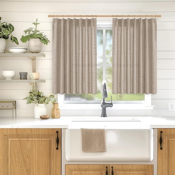 RYJUYJ-Short Linen Curtains 40 Inch Length for Cafe Window, Small Drapes Light Filtering with Back Tab for Bathroom Kitchen Window, 2 Panels, 40 X 40 Inch