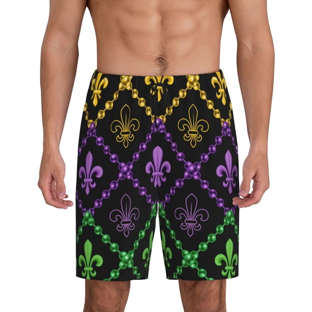 Balery Mardi Gra Geometric Pantalones cortos de pijama de punto de algodón para hombre con cinturilla y bolsillos-3X-Large