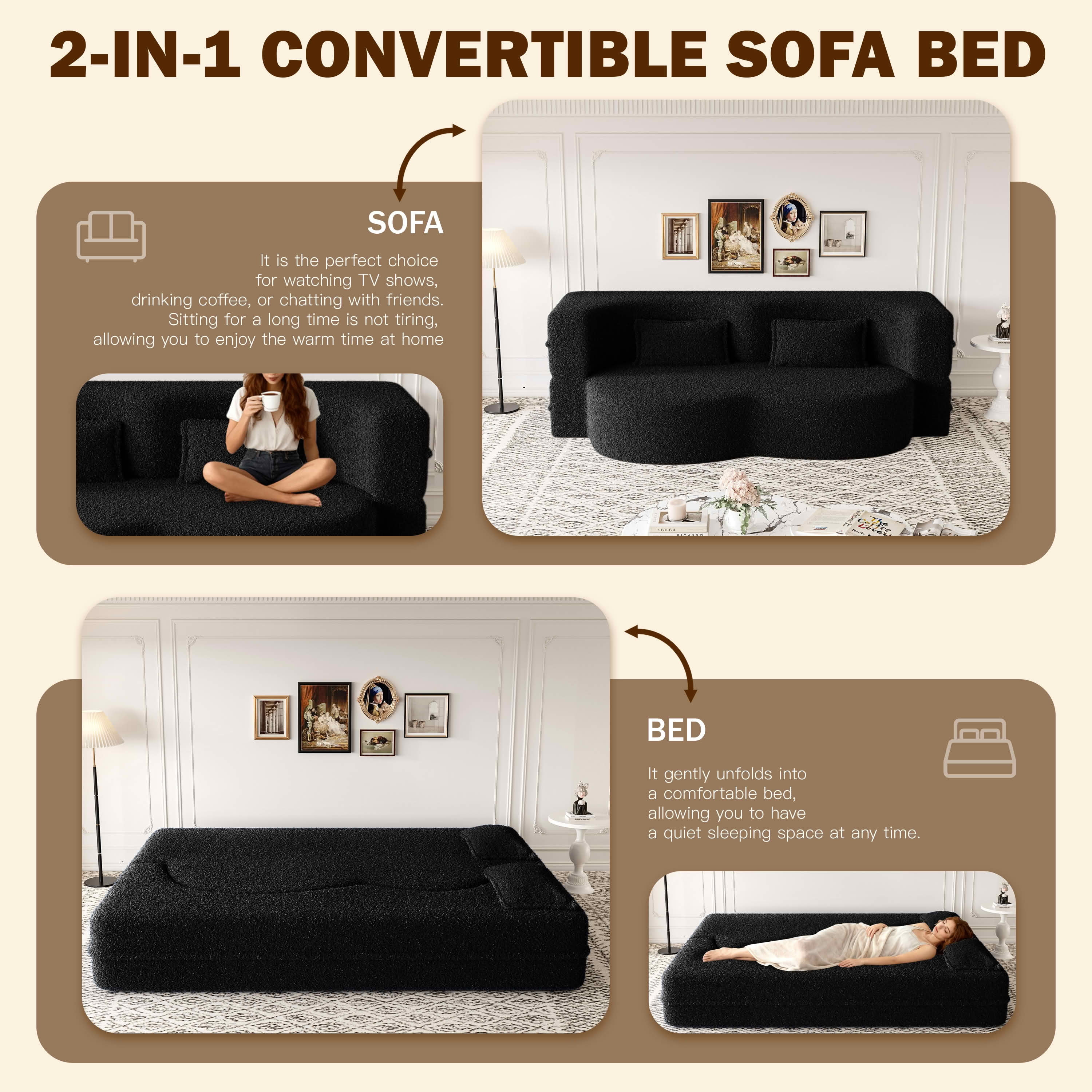 MAYEERTY Twin Sherpa Fleece Foldable Foam Floor Sofa Bed, Zero Assembly Vacuum Compressed Sleeper with 2 Pillows