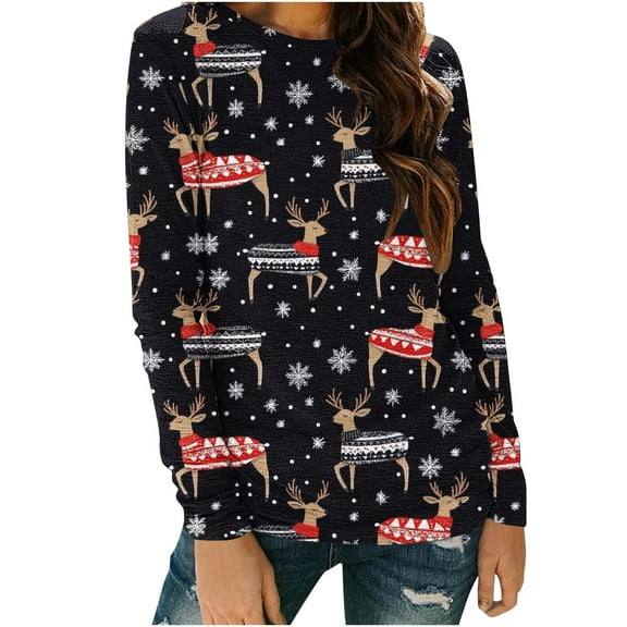 asdoklhq Christmas T Shirts for Womens' Christmas Printed Long Sleeved Round Neck Top/shirt Black 3X