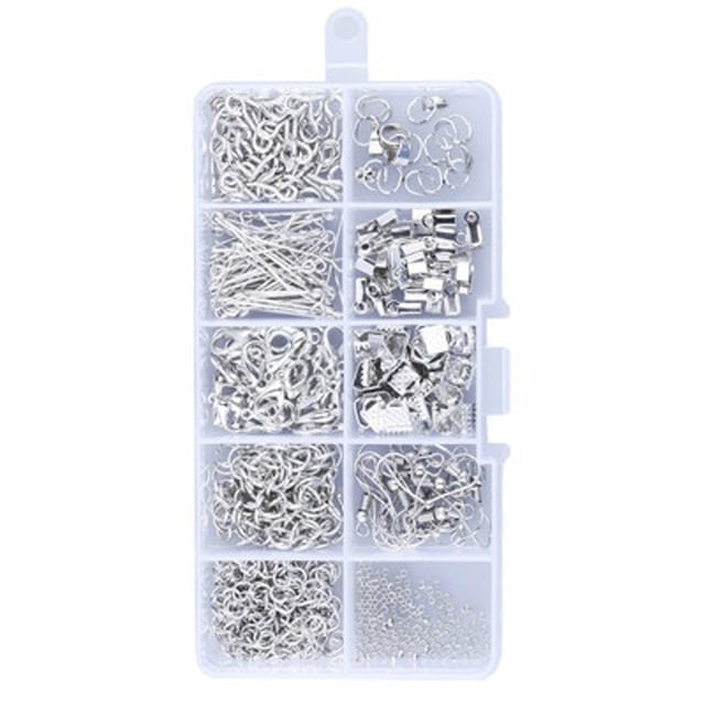 Jewelry Making & Repair Kit - 10 Compartment Metal/Plastic Case with 20 Iron Ribbon Ends, 20 Earring Hooks, 50 Lobster Clasps, 20 Pinch Clasp Bails, 130 Open Jump Rings (8mm), 50 Ribbon Clamp Crimps,