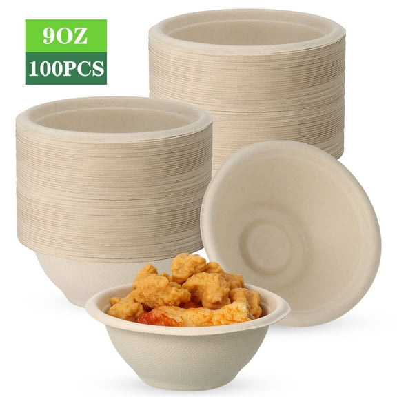 DISEN 100 Pack 9 oz Disposable Paper Bowls 100% Compostable, Heavy-Duty Natural Biodegradable Bagasse, Eco-Friendly Sugar Cane Fibers Bowls
