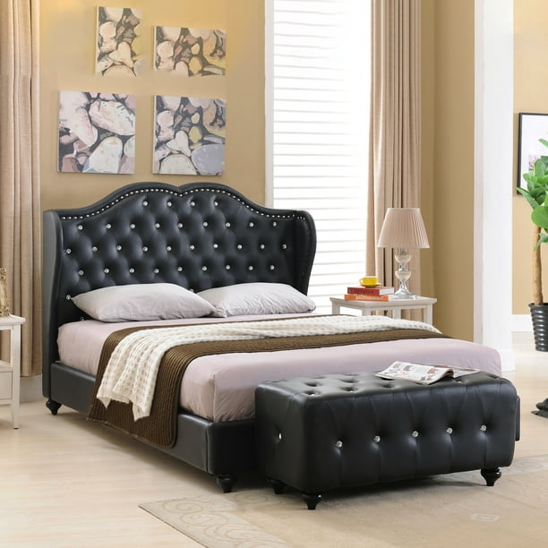 Black Faux Leather Full Size Crystal, Black Leather Bed With Crystals