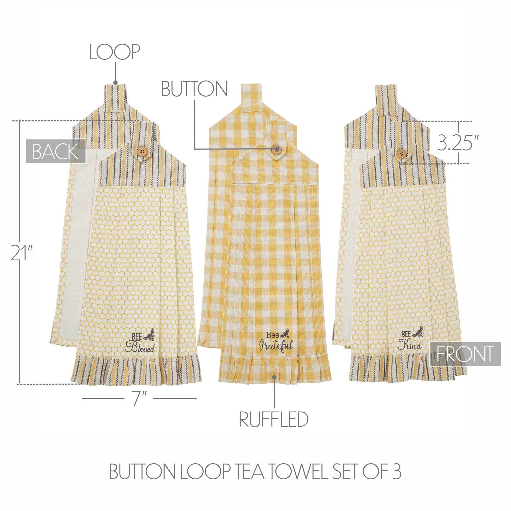 VHC Brands Cotton Buzzy Bees Button Loop Kitchen Towel Set of 3, Hanging Kitchen Towel, Distressed Appearance, Bath, Kitchen, Rectangle 21x7, Bee Kind, Grateful, Blessed, Vintage Yellow