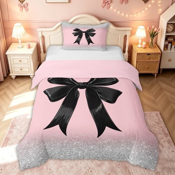 meiyoeat Glam Bow Twin Duvet Cover for Kids Girls, Glitter Print Gradient Twin Bedding for Bedroom, Pink Black, Pink Reversible, 2-Piece