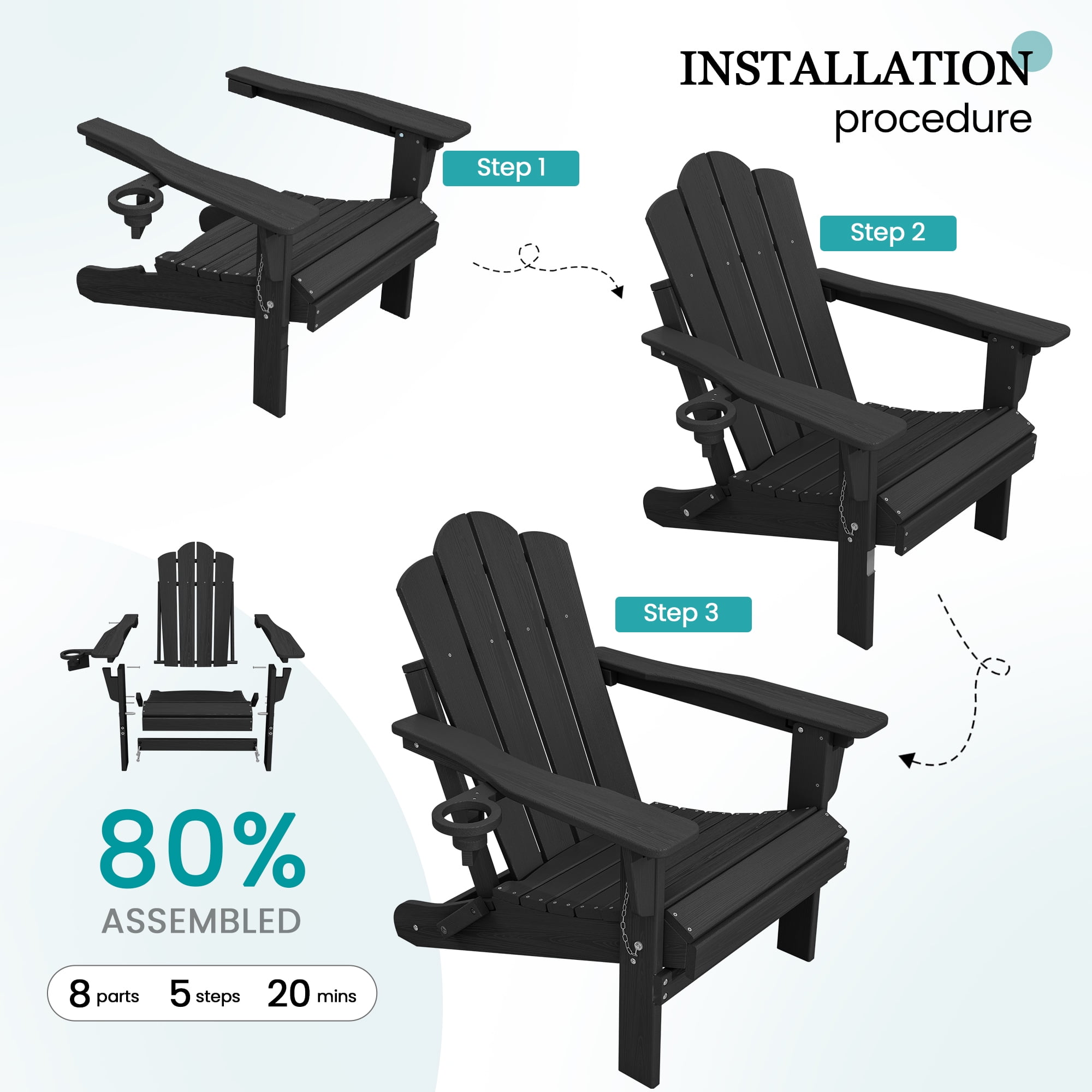KINGYES Folding Adjustable Adirondack Chairs Set of 4, All Weather Use Reclining Adirondack Chair, HDPE Adirondack Outdoor Chair - Black