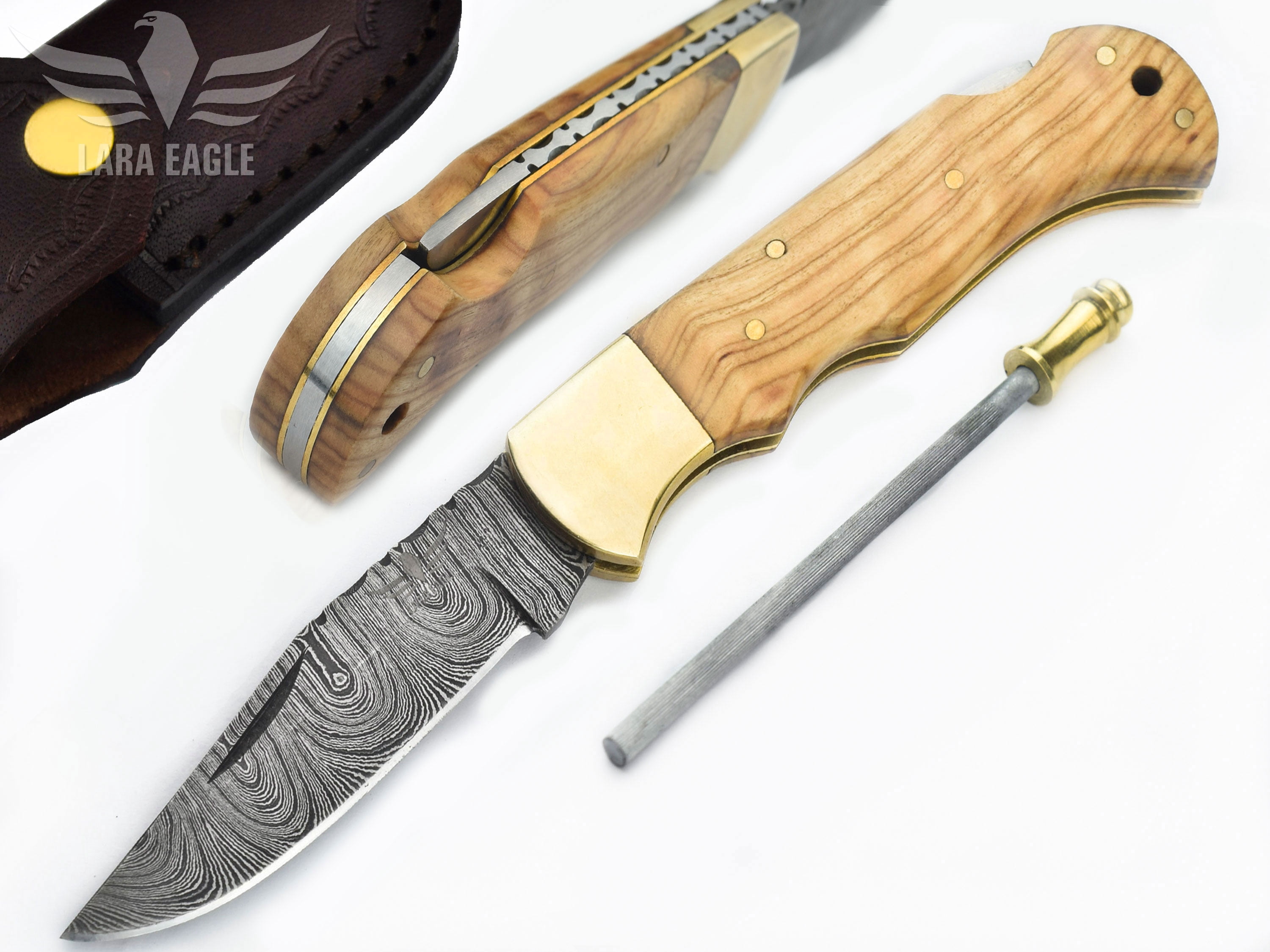 Lara Eagle Damascus Pocket Knife for Men - 133 Layer Solid Steel Handmade Light Brown Folding Hunting 3 inch Blade with Sharpener and Leather Pouch - Knife for Camping Hunting Hiking