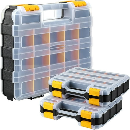 Tuanse 3 Pack Double Sided Tool Box Small Parts Organizer Hardware Storage Container Tackle Case with 34 Removable Compartments for Screws Nuts Nails Bolts Christmas Gifts for Men(Yellow)
