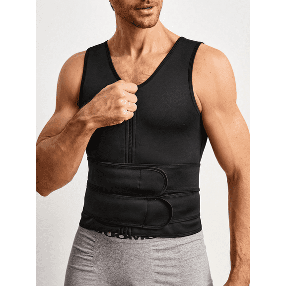 Men's Waist Trainer Vest, Neoprene-Polyester Double Belt Compression Shirt, Sweat Enhancer Workout Gear, Abdominal Support Slimming Wear, Black
