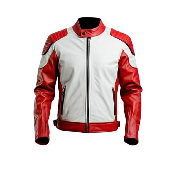 HIDE CRAFTS Motorcycle Racing Jacket, Red and White, Leather, Padded Shoulders, Full Zip Front (US, Alpha, 3X-Large, Regular, Regular, White and Red)