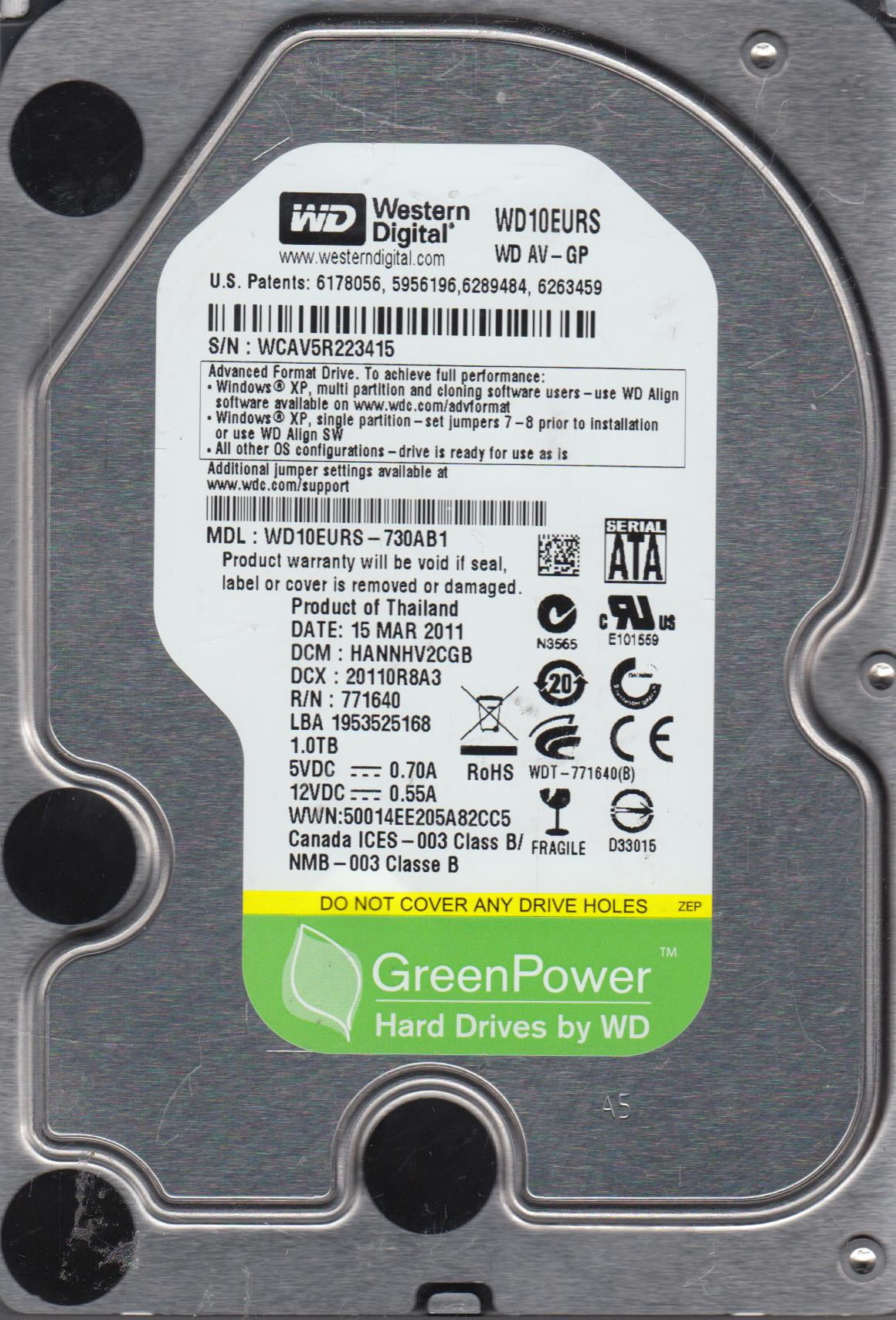 Western Digital GreenPower WD10EURS HDD SATA 3.5/" Hard Drive 1TB