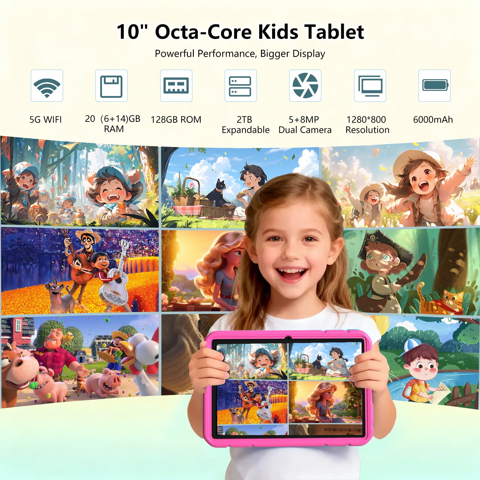 Kids Tablet, 10 inch Android 15 Tablet for Kids, 20GB RAM 128GB ROM Octa-Core 6000mAh Battery Childs Tablets with Shockproof Case, Bluetooth, WiFi, Parental Control, Dual Camera, GPS