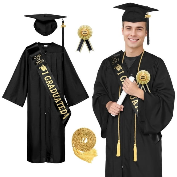 Alaiyaky Graduation Gown and Cap Set with 2025 Tassel, Honor Cord, Sash, Custom Boutonniere for High School and College Graduates
