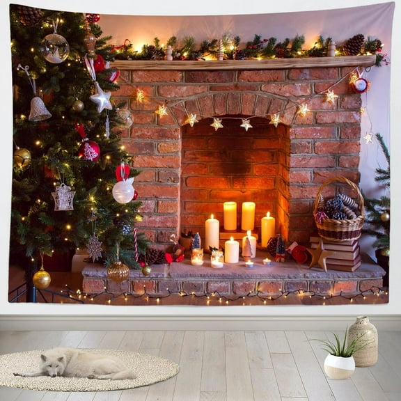 Christmas Tapestry Wall Hanging Christmas Fireplace Candles Shiny Stars Xmas Trees Art Wall Decor Christmas New Year Party Decorations Backdrop Bedroom Living Room Home Decor