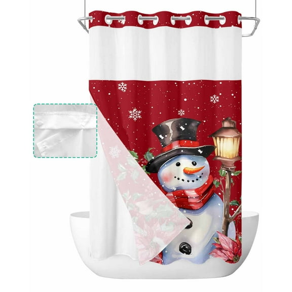 No Hook Shower Curtain with Snap in Liner, Christmas Red Snowman Poinsettia Birds Winter Snowflake Hotel Shower Curtains for Bathroom, Washable Shower Curtain Liner Set with Mesh Top Window, 36"x78"