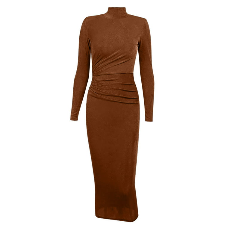 Mango fold over long sleeve bodycon midi dress in brown